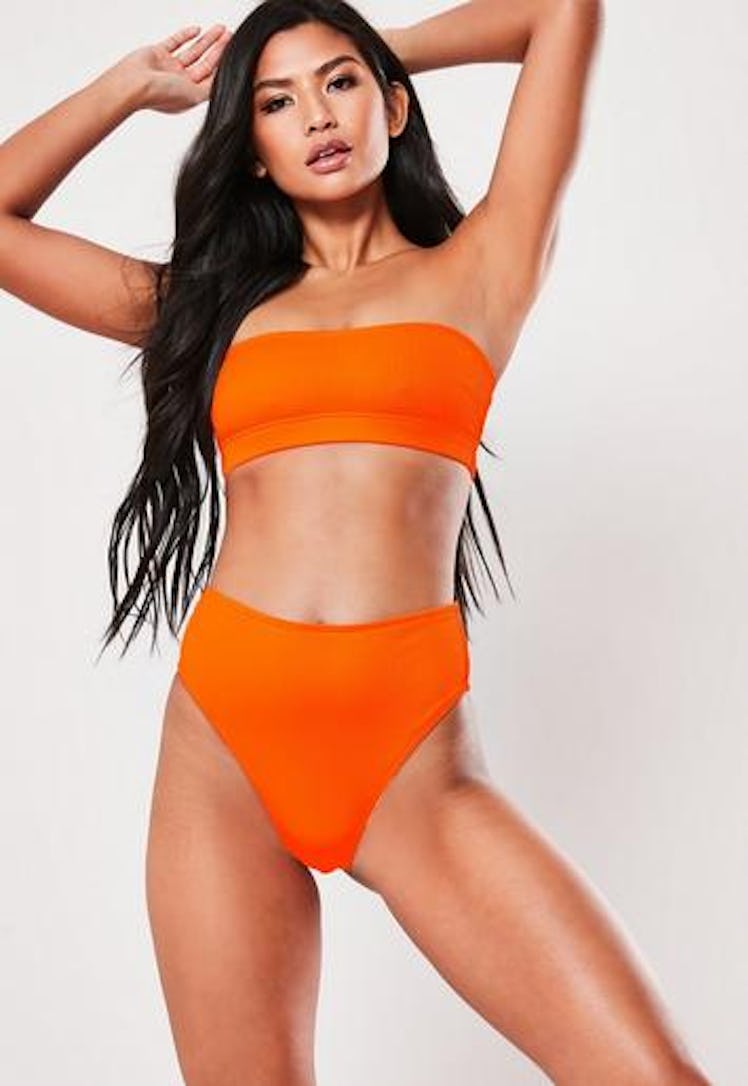  Neon Orange Rib Mix & Match High Waisted High Leg Bikini Bottoms and Beandeau Bikini Top