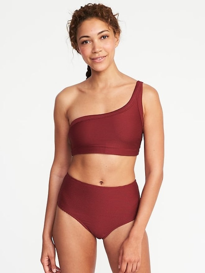 Textured-Stripe One-Shoulder Swim Top for Women