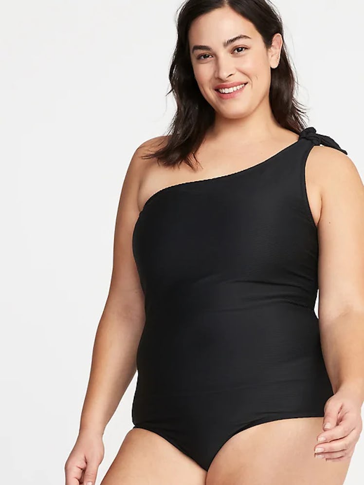 Textured Knotted One-Shoulder Plus-Size Secret-Slim Swimsuit