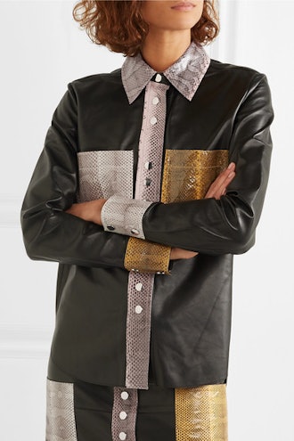Estasa Watersnake-Trimmed Leather Shirt