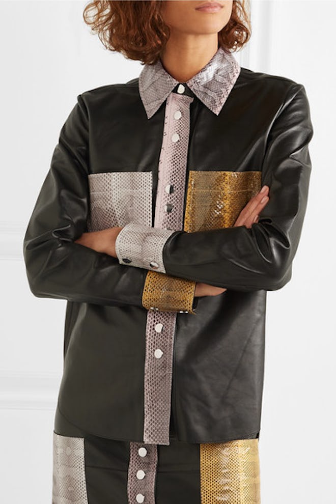 Estasa Watersnake-Trimmed Leather Shirt