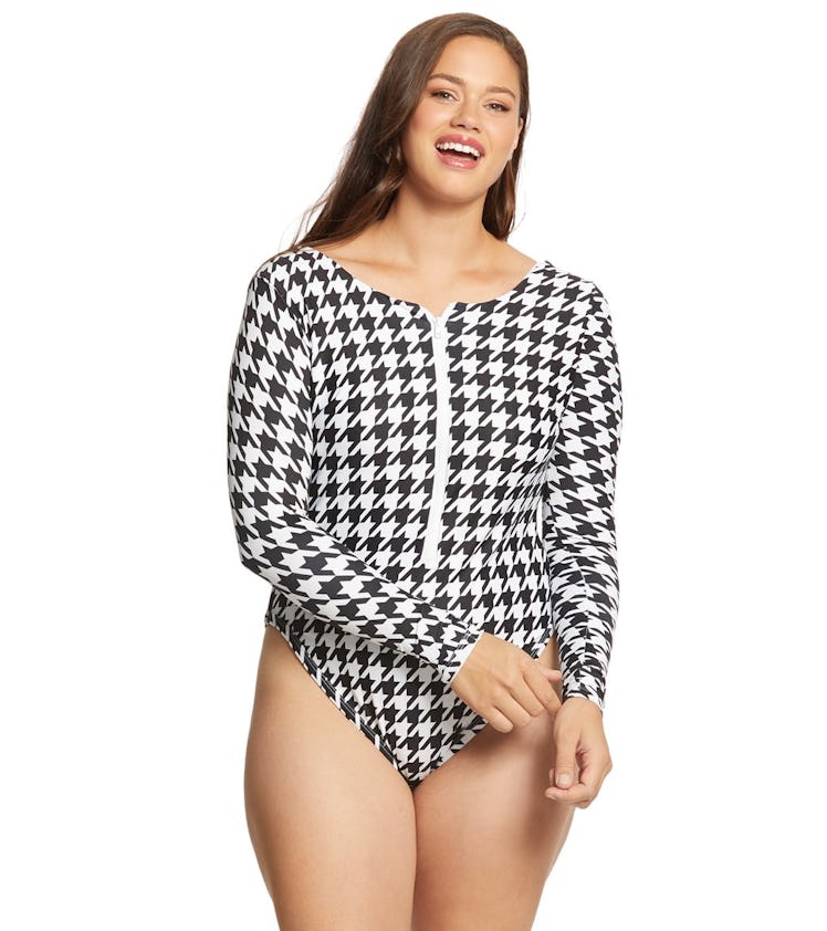 Alpine Butterfly Plus Size Black Houndstooth Long Sleeve One Piece Swimsuit