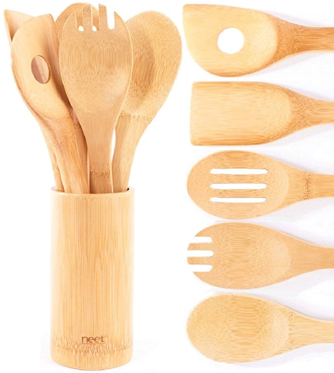 Neet Organic Bamboo 6-Piece Spoon Set With Utensil Holder