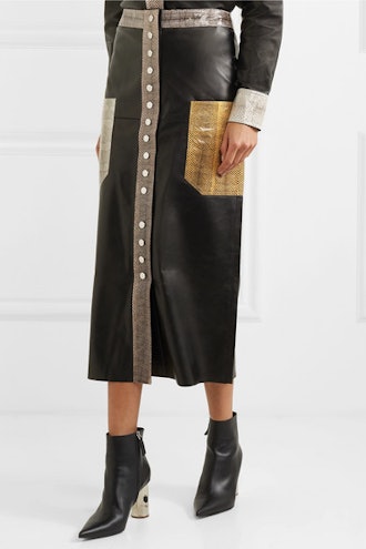 Amalin Watersnake-Trimmed Leather Midi Skirt