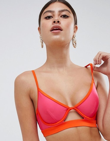 ASOS DESIGN Color Block Underwire Plunge Bikini Top in Pink and Orange