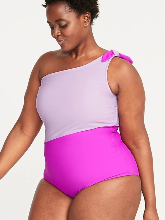 Color-Blocked Secret-Slim One-Shoulder Plus-Size Swimsuit
