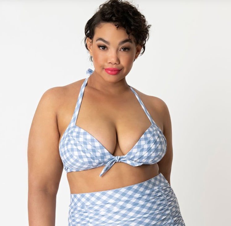 Unique Vintage Plus Size Blue & White Gingham Monroe Halter Swim Top