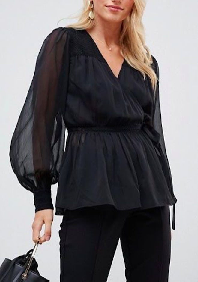 Sheer Long Sleeve Wrap Top With Lace Inserts