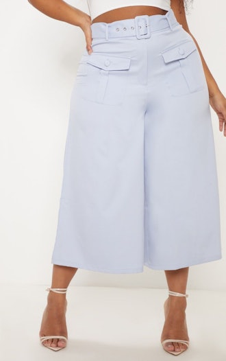 Plus Dusty Blue Pocket Detail Belted Culottes
