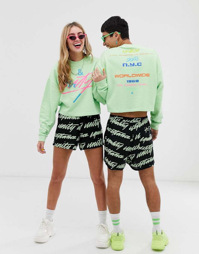 ASOS DESIGN x glaad& unisex cropped sweatshirt with tour print