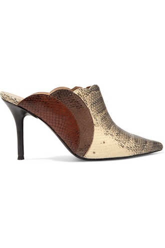 Lauren Scalloped Snake-Effect Leather Mules