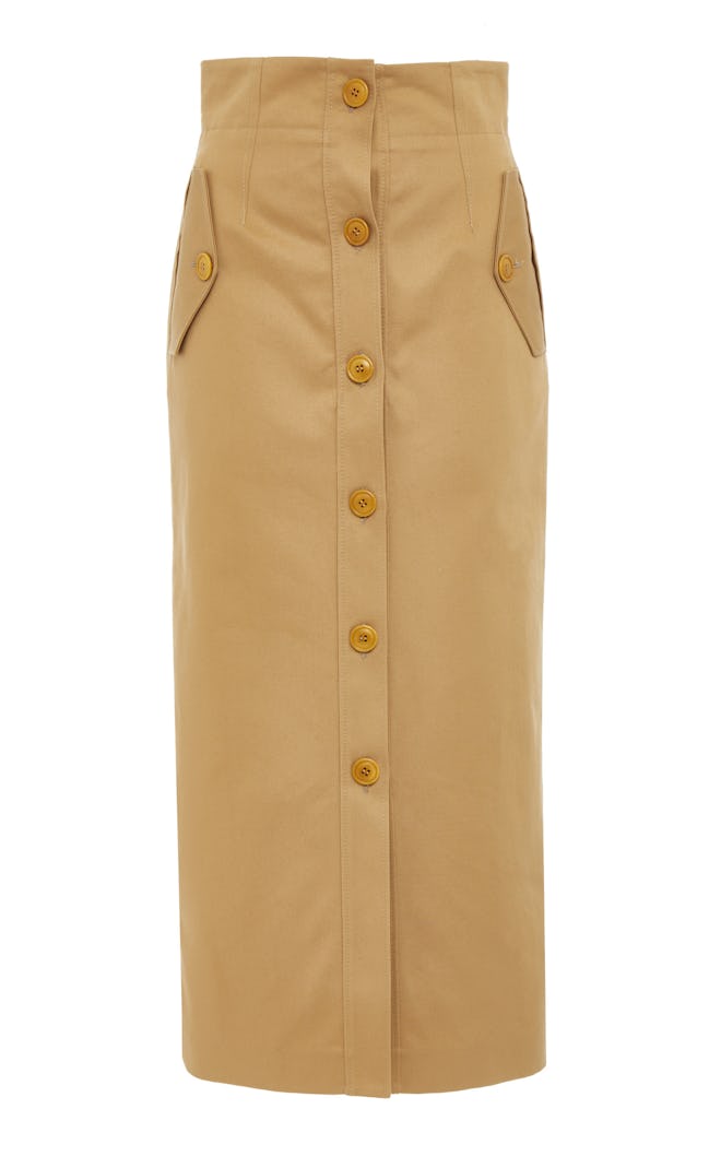 Button-Detailed Cotton-Crepe Midi Skirt