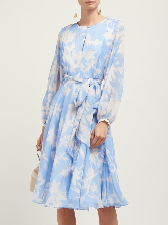 Nandita Blue Shadow Floral-Print Silk Midi Dress