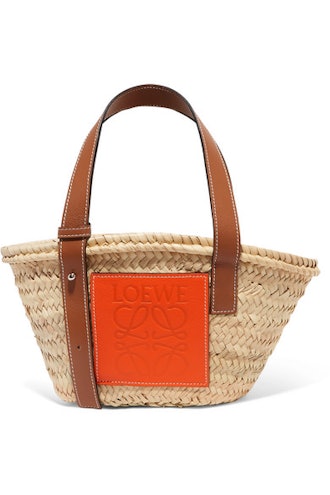 Paula's Ibiza Small Leather-Trimmed Raffia Tote