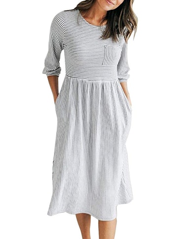 MEROKEETY Women's 3/4 Balloon Sleeve Striped High Waist T Shirt Midi Dress with Pockets