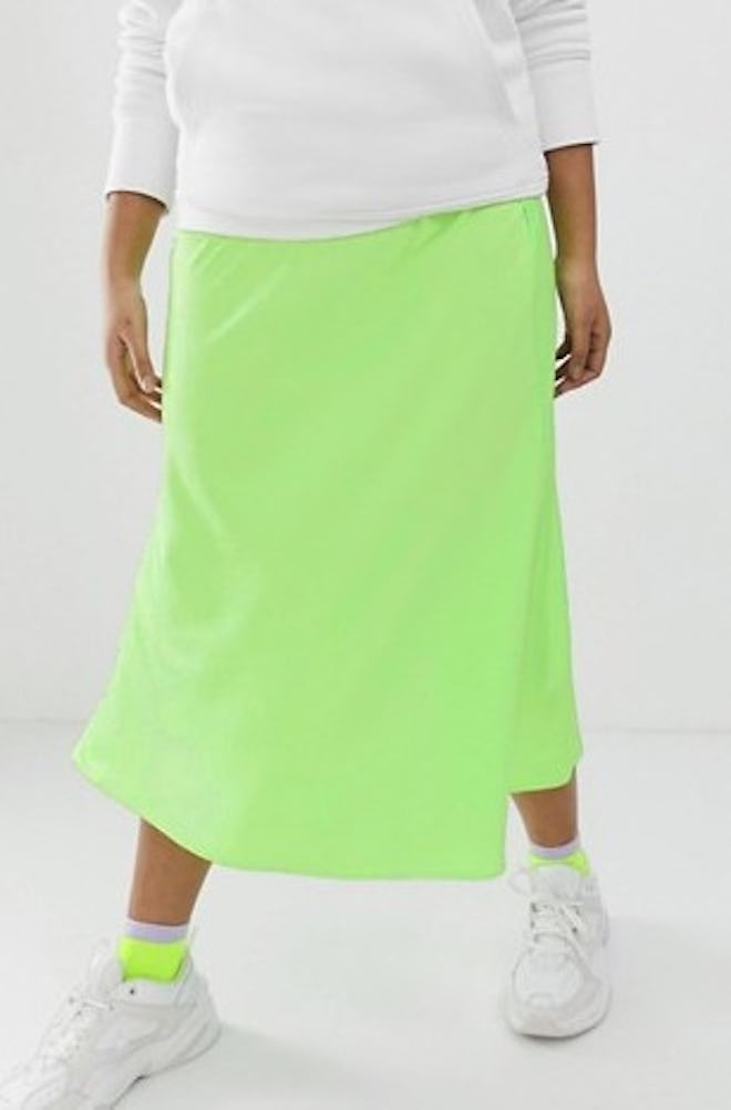 Bias Cut Satin Slip Midi Skirt In Neon