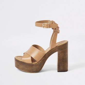Brown cross platform heeled sandals