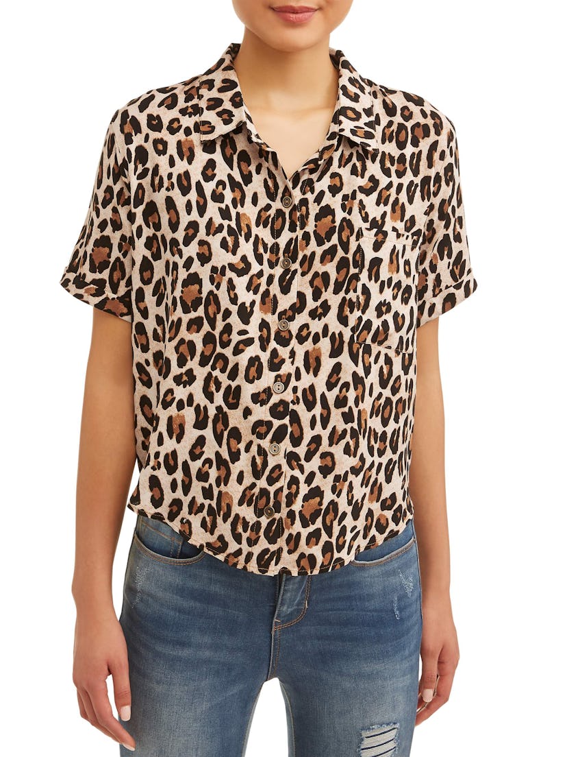 No Boundaries Juniors' Printed Woven Button Front Blouse