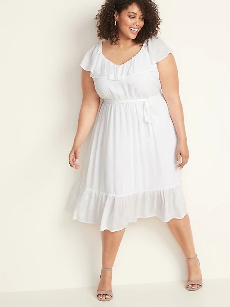 Tie-Belt Plus-Size Ruffle-Trim Midi Dress