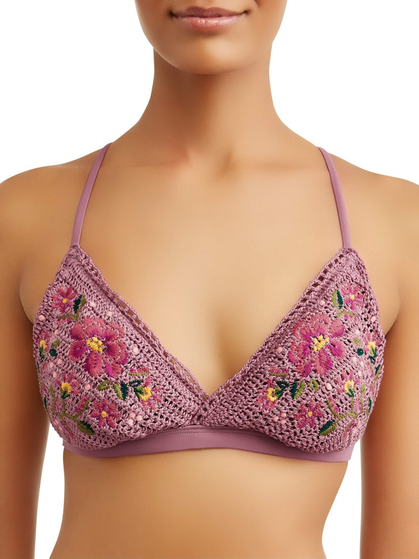 Time and Tru Women's Mauve Floral Triangle Swimsuit Top