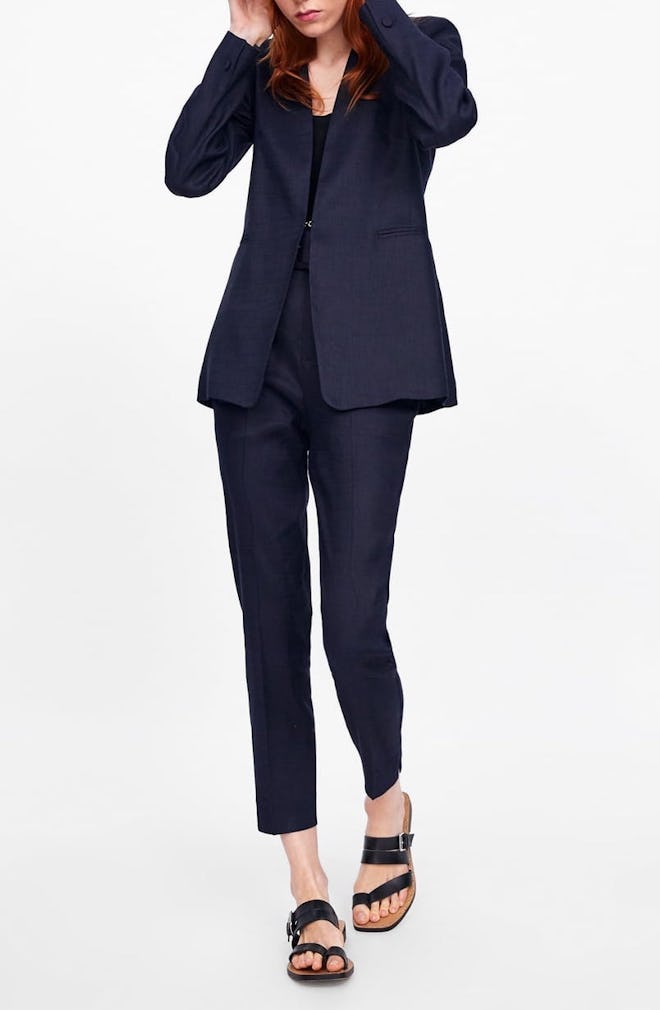 Blazer With Pockets & Cigarette Pants With Ruffled Pockets