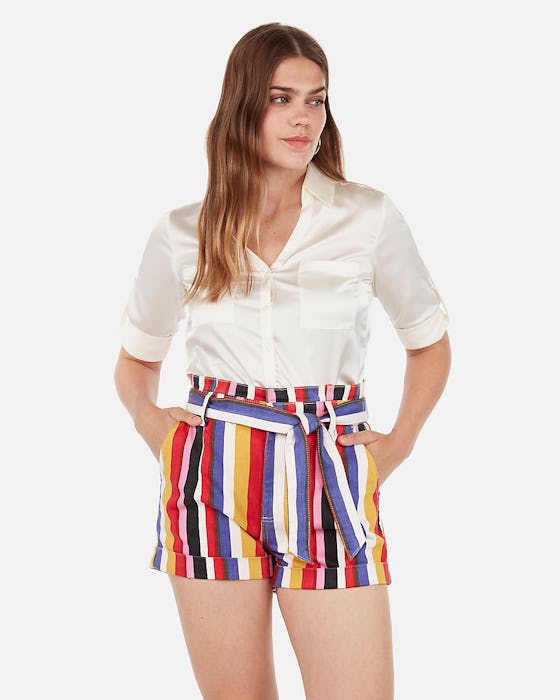Super High Waisted Striped Sash Tie Denim Shortie
