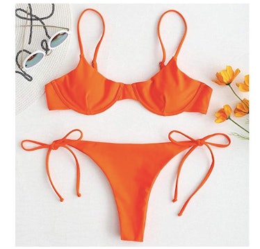 ZAFUL Women's Underwire Push Up Balconette Tie Side String Bikini Set Swimsuit