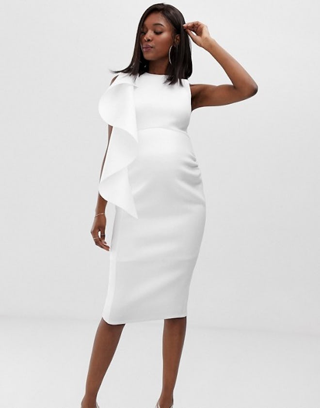 One Shoulder Scuba Pencil Midi Dress With Frill