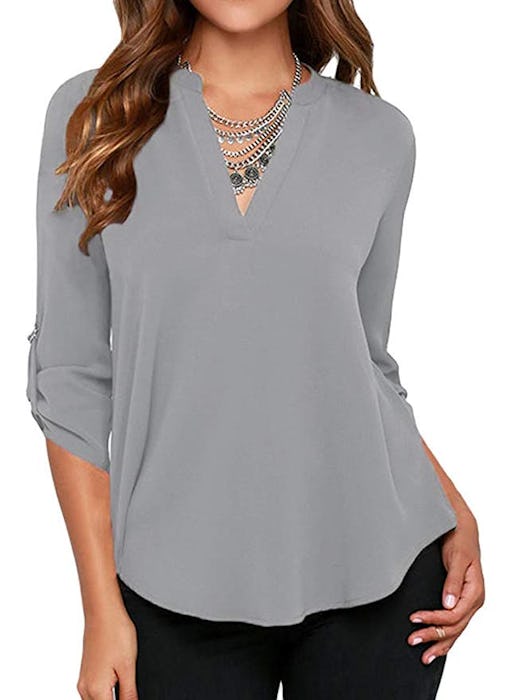 Roswear Women's Casual V Neck Solid Chiffon Blouse 