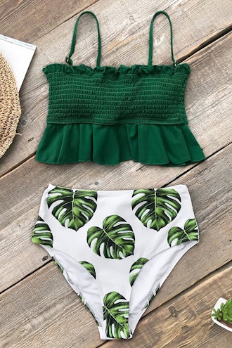 Smocked Green and Monstera High-Waisted Bikini