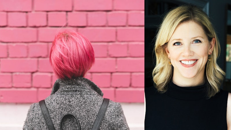 A girl with pink short hair with a pink brick wall in front of her and Bustle's author Mary Laura Ph...