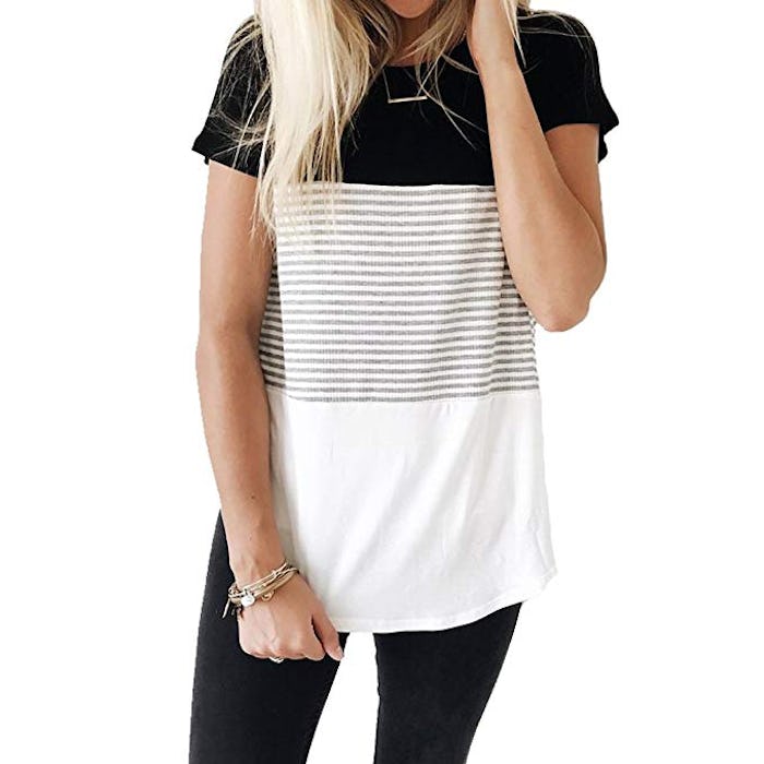 YunJey Short Sleeve Round Neck Triple Color Block Stripe T-Shirt