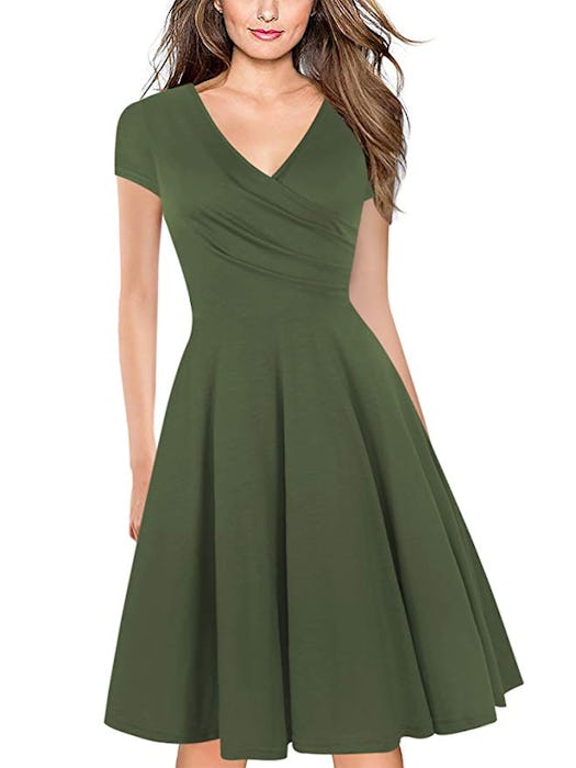 Oxiuly Women's Criss-Cross V-Neck Tea Swing Dress 