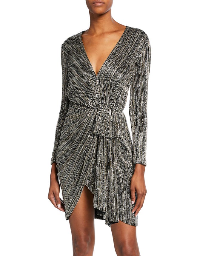 Embroidered Metallic Wrapped Cocktail Dress