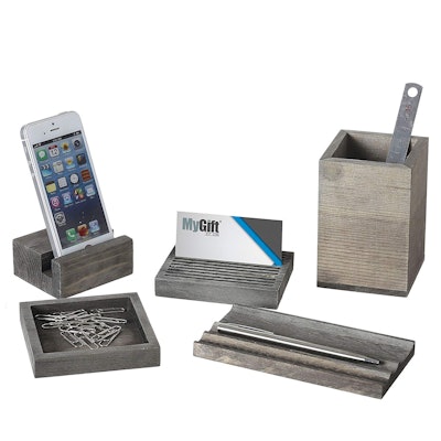 Vintage Gray Wood 5-Piece Desk Set