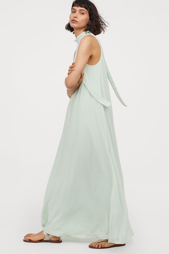 Long Dress With Tie Collar - Mint Green 