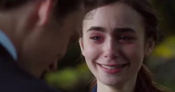 Actress Lily Collins crying depicting romantic comedies on Netflix that will never get old