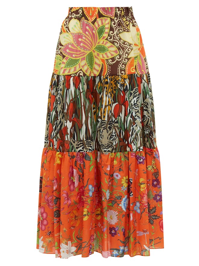New India Printed Tiered Cotton-Poplin Midi Skirt