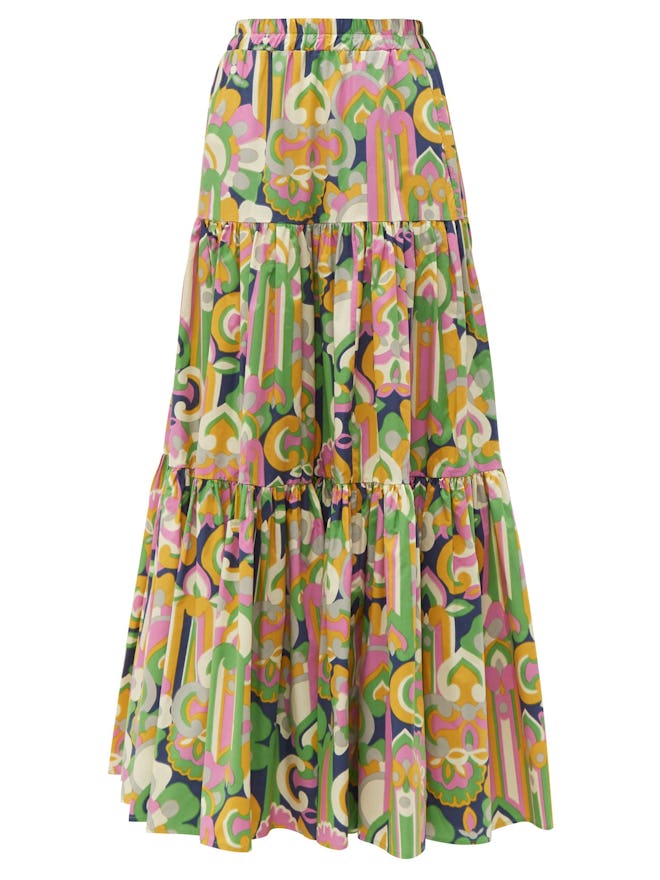 Abstract-Print Tiered Cotton Maxi Skirt