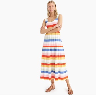 Tiered Knit Maxi Dress In Rainbow Wide Stripe