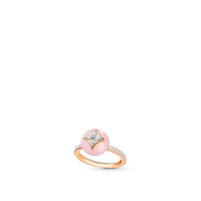 B Blossom Ring in Pink Gold, White Gold with Pink Opal and Pavé Diamond
