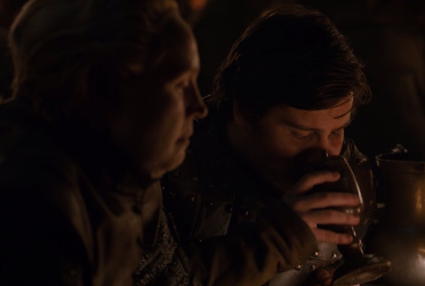 Podrick drinking after Tyrion said, "You're a virgin" as part of their Never Have I Ever game that t...