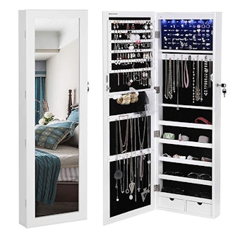 SONGMICS LED Lockable Wall Door Mounted Jewelry Armoire with Mirror