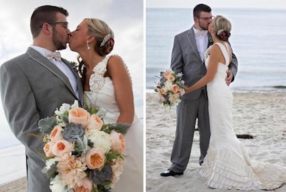A newlywed couple at their marriage sharing their first kiss on the beach