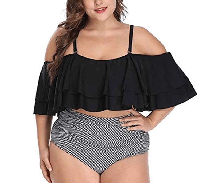 Wavely Plus-Size Two-Piece Ruffle Flounce Off Shoulder Swimsuit