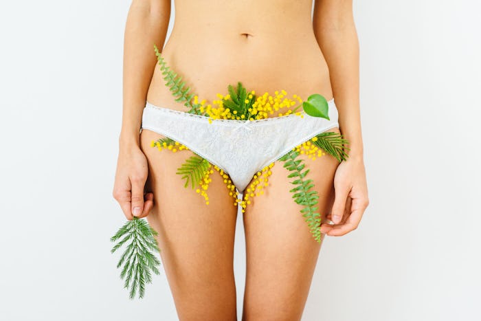 A woman in a pair of white underwear with flowers sticking out of it representing infertility and fe...