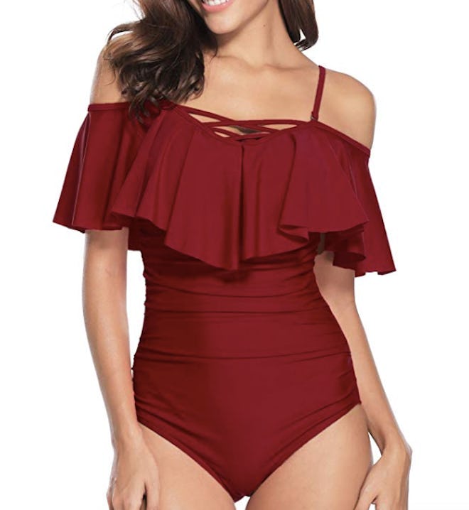 Holipick One-Piece Off-Shoulder Ruched Swimsuit