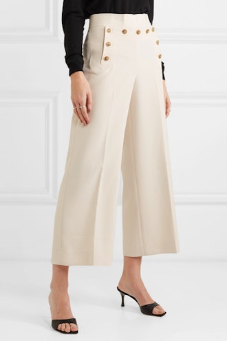 Button-Embellished Cropped Crepe Wide-Leg Pants