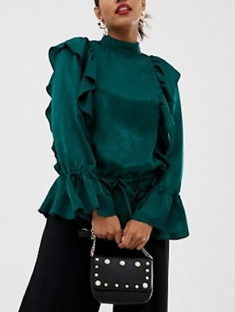 Waisted Long Sleeve Blouse With Ruffle Detail