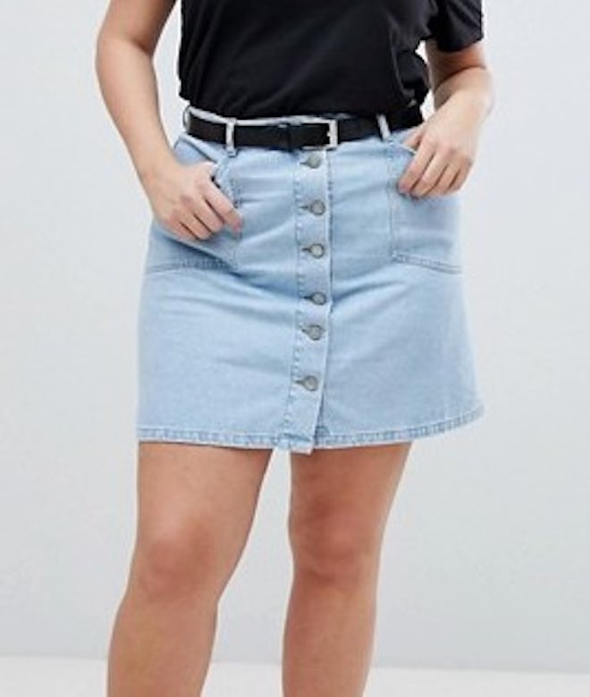 Denim Button Through Skirt In Midwash Blue